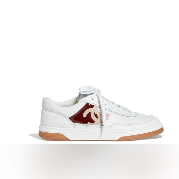 CHANEL White and Red Sneakers with Iconic Logo